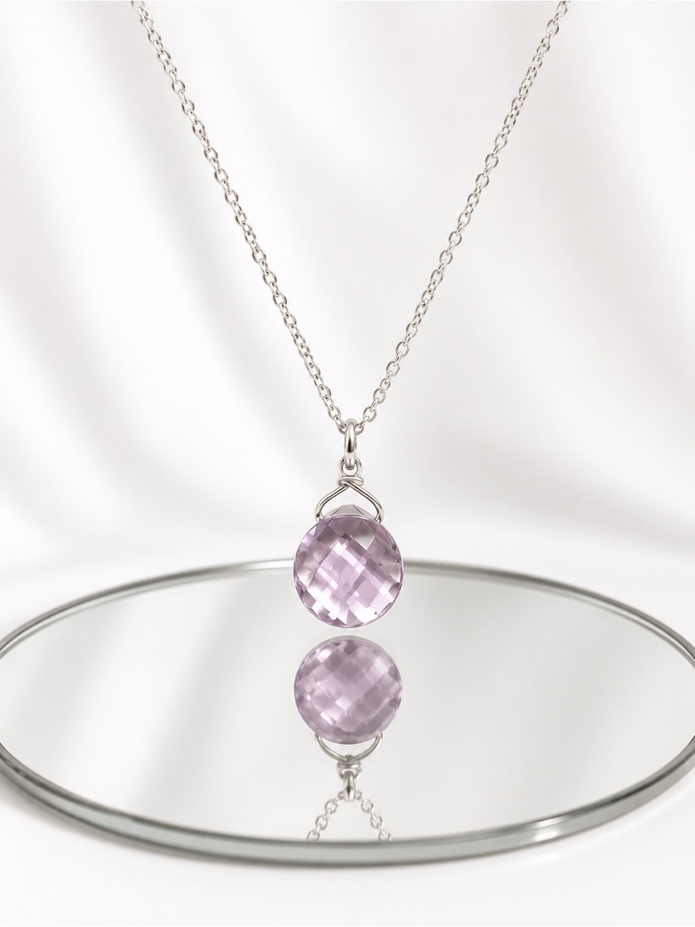 Faceted Light Pink Quartz Pendant Necklace 16” Silver Chain